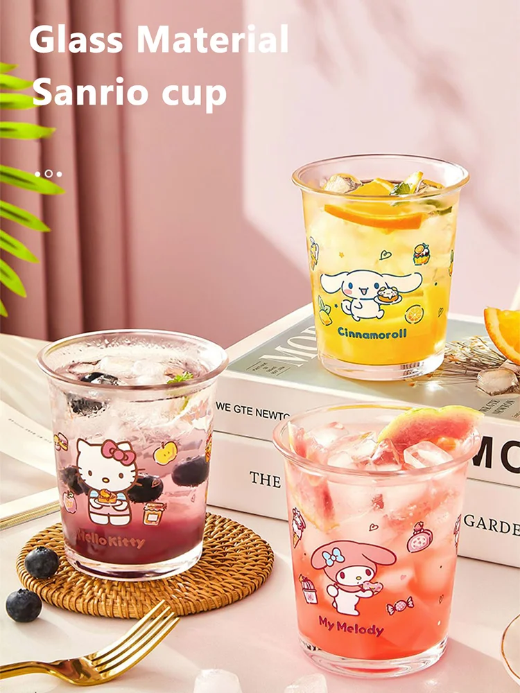 Sanrio Cute 400ml Glass Cup My Melody Cinnamoroll Water Cup HelloKitty Student Milk Heat Resistant Glass Christmas Gift For Girl