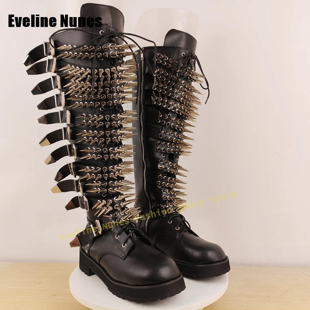 Metal Spike Studded Buckle Boots Round Toe Chunky Heels Lace Up Patchwork Punk Knee High Boots Club Rock Motorcycle Boots 2025