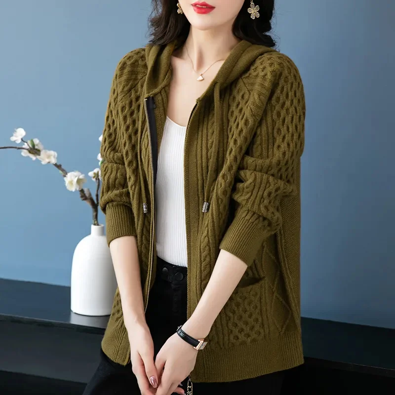 

Knitwear Cardigan Short Women's Sweater Coat 2026 Spring Autumn New Zipper Hooded Jacket Fashion Outerwear Ladies Tide Overcoat