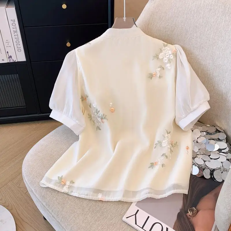 Embroidered Flower Shirt For Women\'s 2024 New Summer Button Short Sleeve Fashion Loose Top