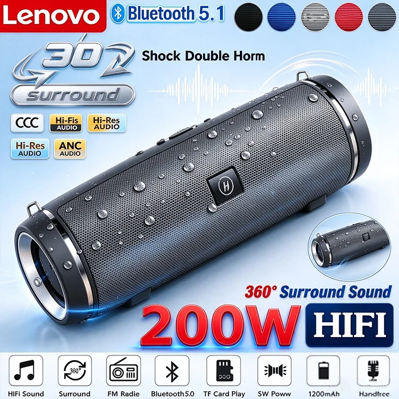 Lenovo Portable Bluetooth Speaker FM Radio TF Boom Box Outdoor IPX7 Waterproof 200W HIFI Pillar Stereo Subwoofer
