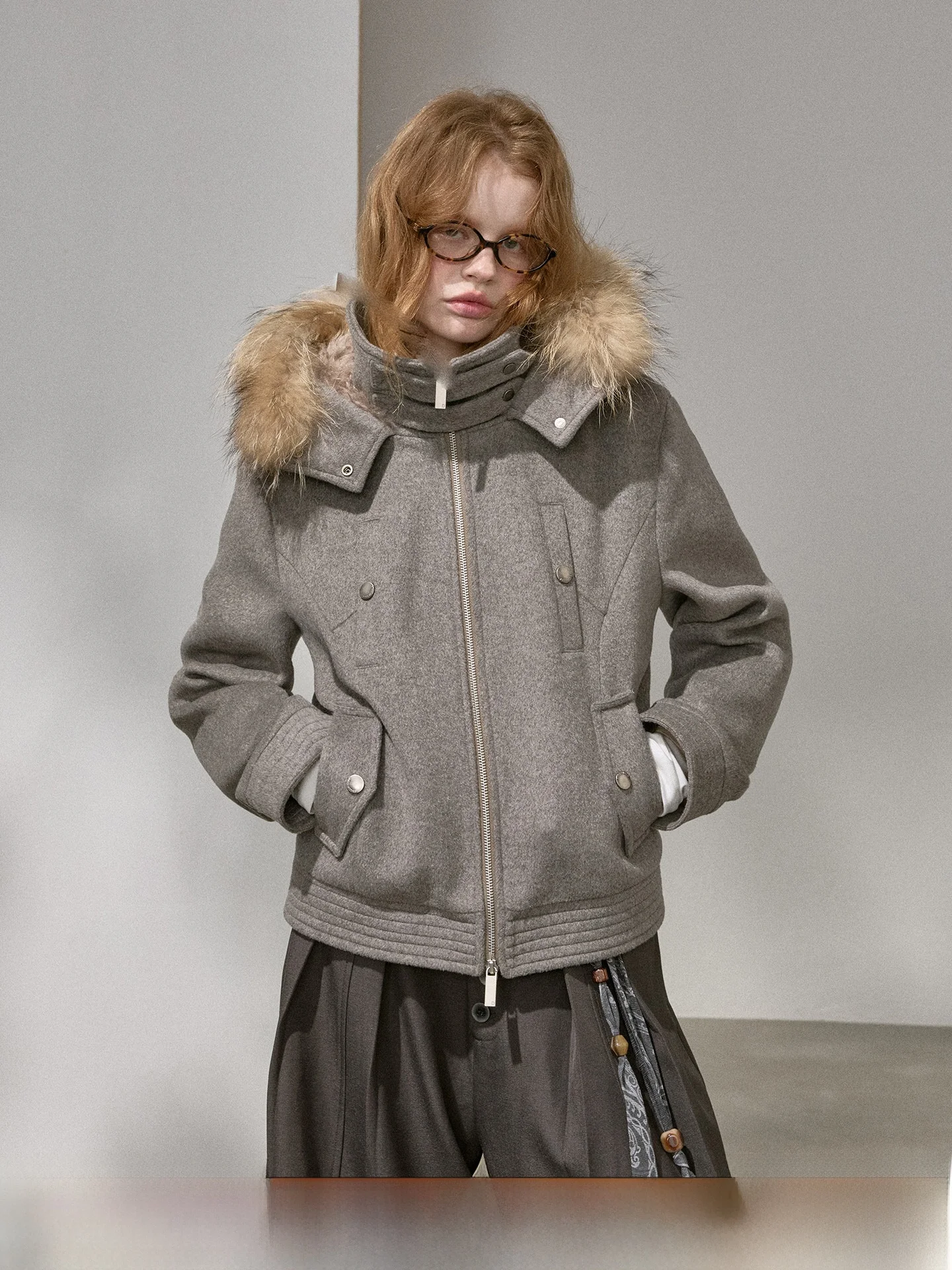 

DIDDI MODA Wool Blend ort Coat Jaet with Real Fur Collar Hat Design Sweet Sle Women's Thiened Winter Outerwear