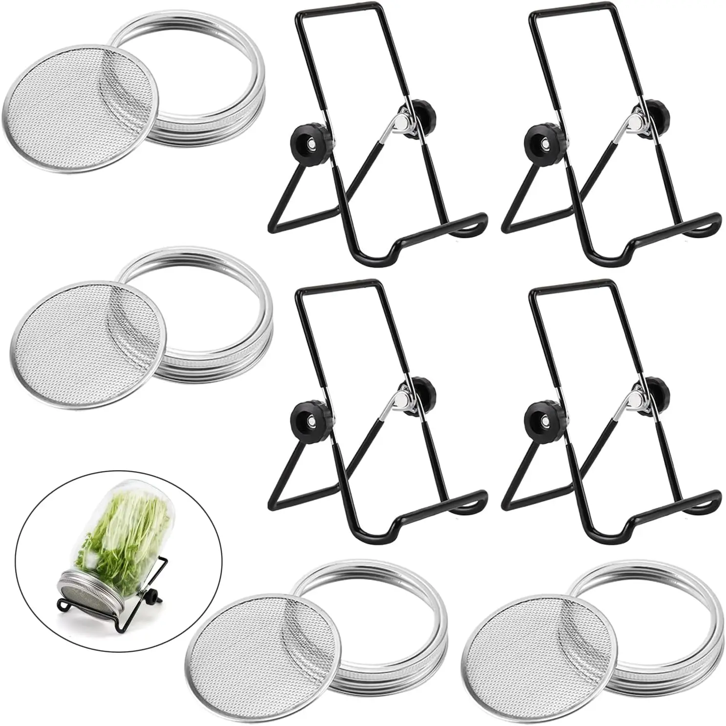 

316 Stainless Steel Sprouting Lids for Wide Mouth Mason Jars, Set of 4 with Adjustable Stands
