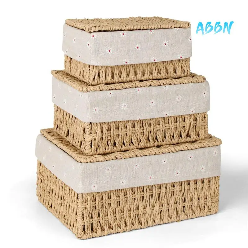 

ABBN-Storage Basket, Pack Of 3 Storage Basket With Lid, Woven Basket Made Of Paper Rope, Boho Decor Baskets With Lining