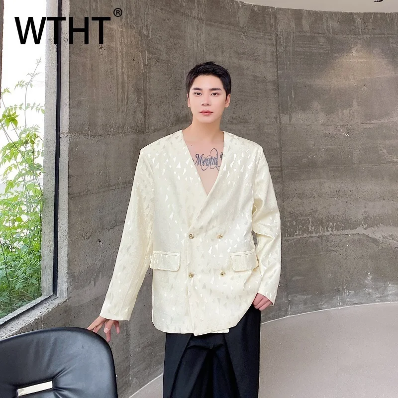 WTHT Fashion Men's Geometric Pattern Design Blazer Coats Trendy V-neck Double Breasted Jackets Male 2025 Autumn 2A1974