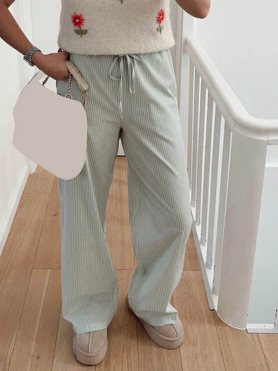 Women Stripe Print Pajamas Trousers Comfy Casual Drawstring Elastic Waist Pants Nightwear Lounge Bottoms