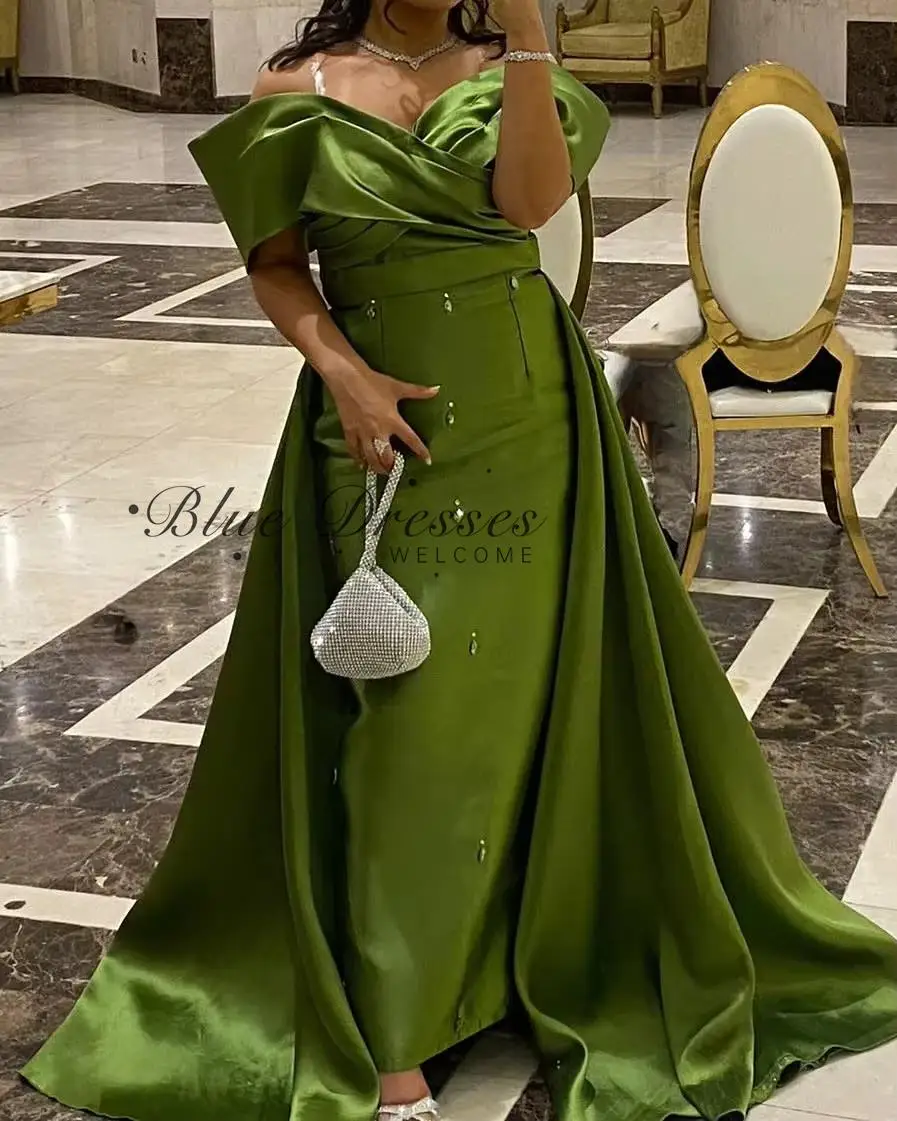 customized Green Off The Shoulder Short Sleeves Evening Dresses Floor Length Prom Dresses Vestidos De Noches Party Gowns - view 2