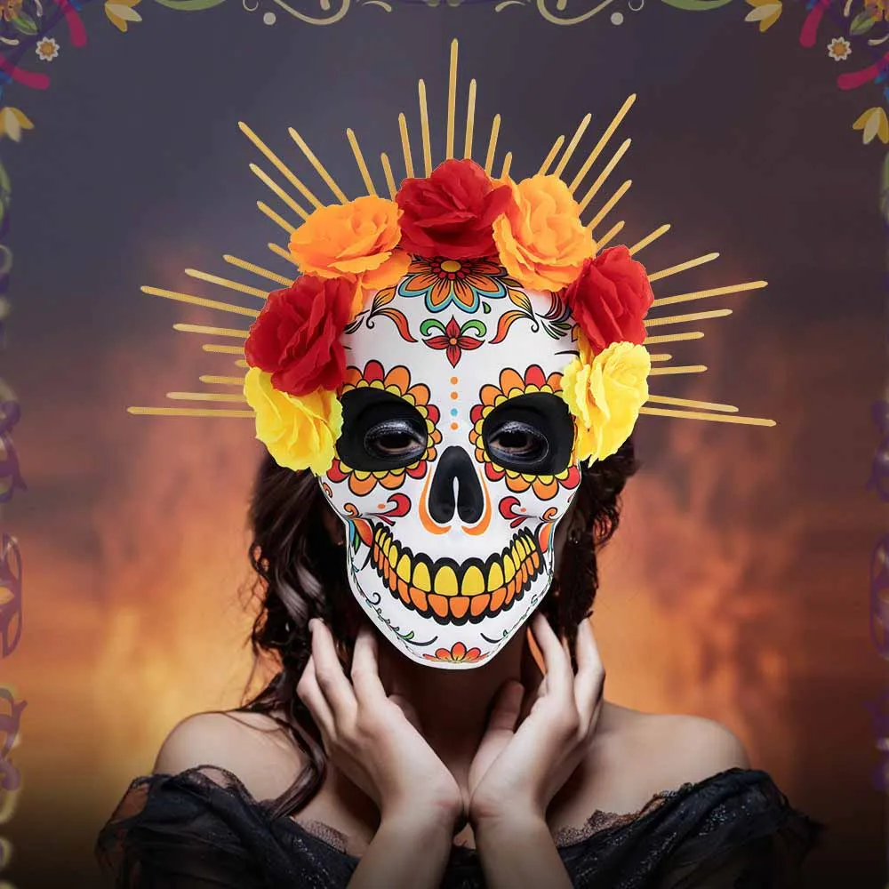 Sugar Skull Mask Flower Crown Spiked Headpiece Day of Dead Halloween Costume Prop Festival Cosplay Party for Women Adults Gift