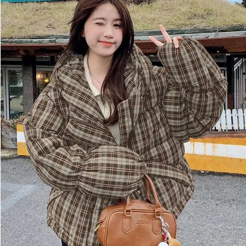 

2025 Winter Fashion Retro plaid Hooded Cotton Jackets women Comfortable Warm Loose Womens Coats