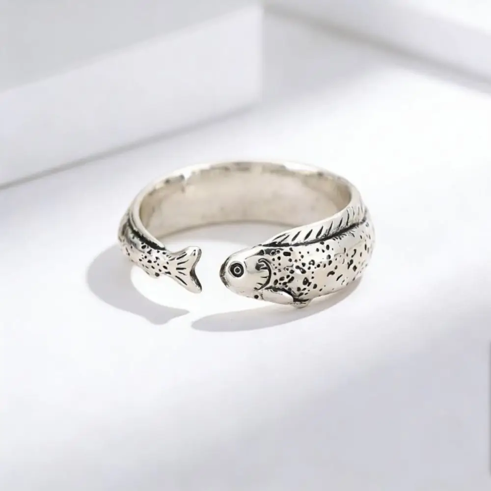 Niche Simple Fish Shaped Ring Distressed Gold Vintage Adjustable Ring Alloy Silver Retro Open Ring Unisex