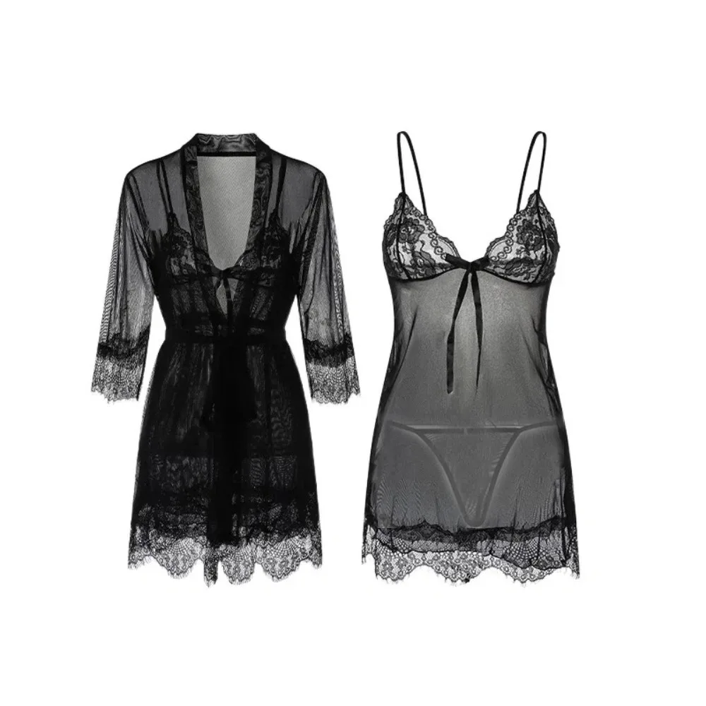 

Прозрачная кружевная ночная рубашка на подтяжках с глубоким v-образным вырезом, сетчатая ночная рубашка из ледяного шелка, женское нижнее белье, одежда для сна с открытой спиной, комплект халатов для дома