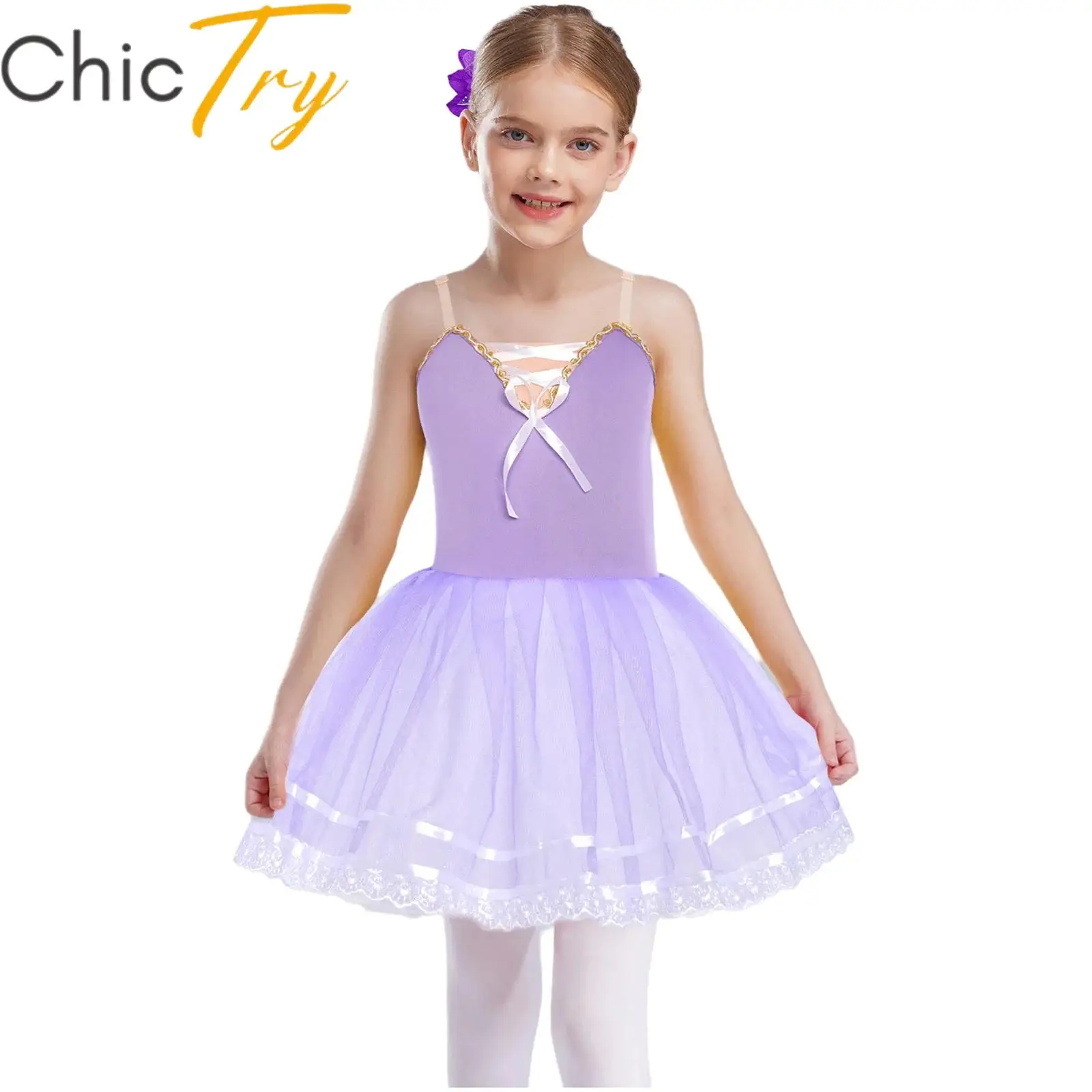 

Kids Girls Ballet Dance Dress Ballerina Performance Costume Sleeveless Layered Tulle Tutu Dress with Headwear Lyrical Dancewear