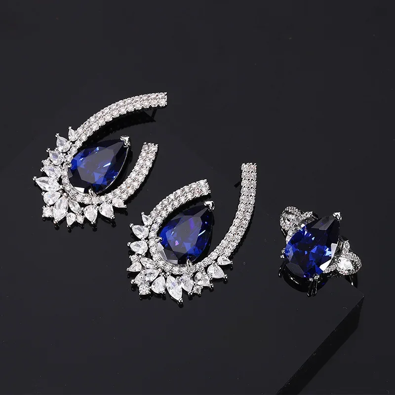 

Exquisite Adjustable Teardrop Blue Gemstone Luxury Statement Earrings Ring Elegant High-Quality Crystal Jewelry for Women Gift