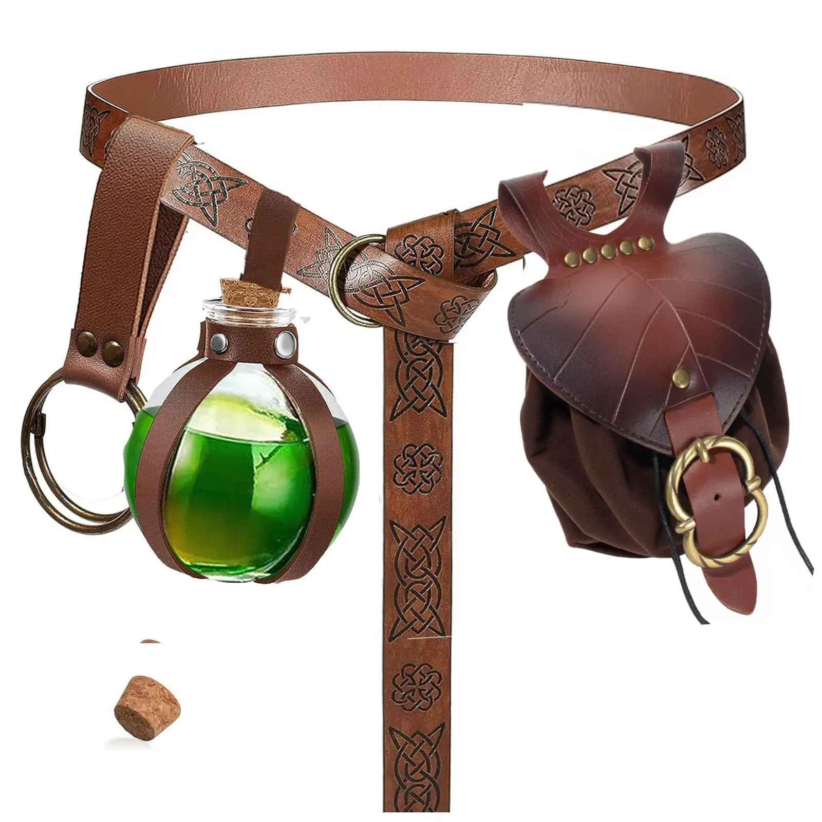 Medieval LARP Costume Set Vintage Celtic Patterned Belt Magical Glass Potion Bottle Leaf-Shaped Waist Pouch Skirt Clip for Renaissance Festivals Stage Performances