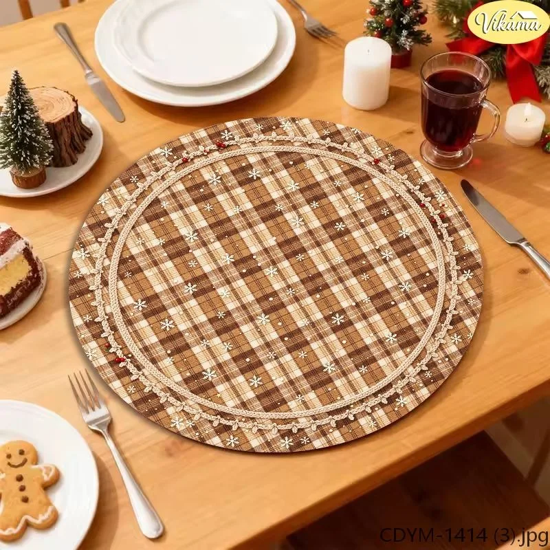 VIKAMA Christmas Round Placemats, Brown Buffalo Plaid Merry Christmas Antler Snowflake Berry Stitched, Winter Mat