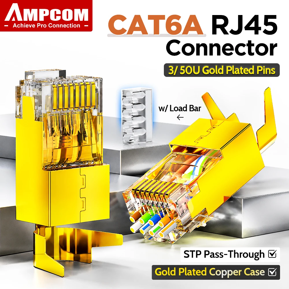 AMPCOM Cat6A RJ45 Modular Plug STP Pass-Thru wtih Load Bar 50u/3u Gold Plated, Gold-plated Copper Case, 1.5mm Hole OD, 6/10-Pack