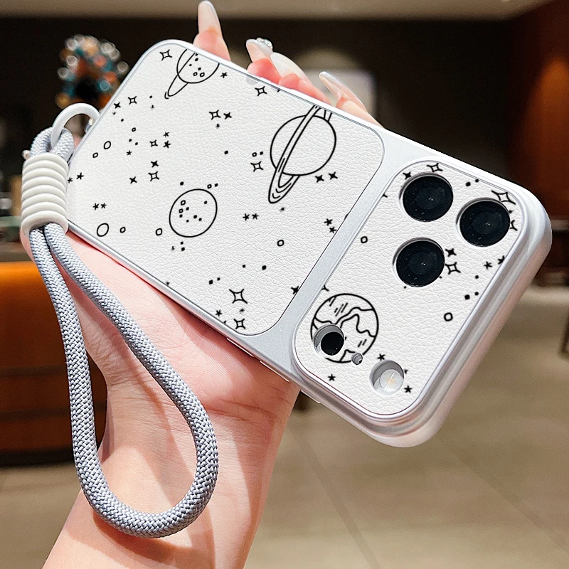 Matte Leather Texture Phone Case For iPhone 17 16 15 14 13 Pro Max Cartoon Astronaut Pattern Wrist Strap Lanyard Soft TPU Cover