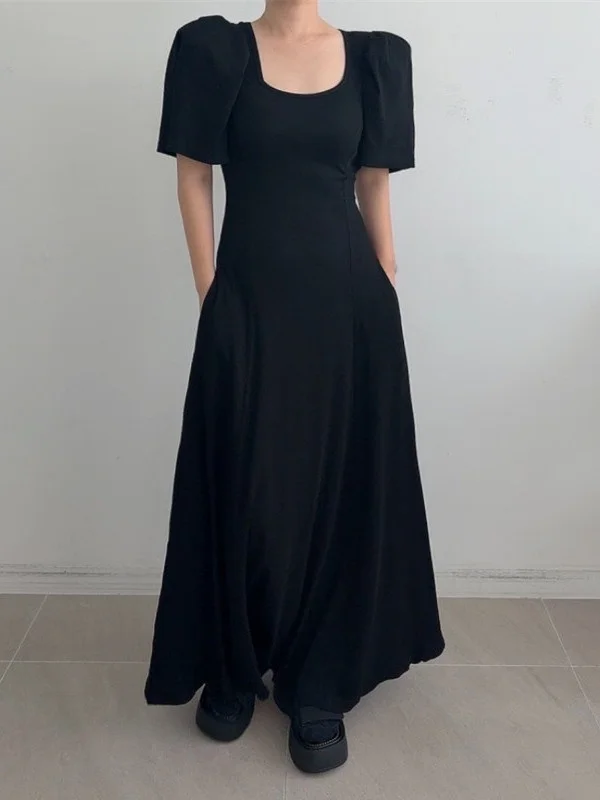 Chic col carré coupe ajustée t-shirt Dr femme douce polyvalente a-ligne jupe longue bulle Sve coton été Dr