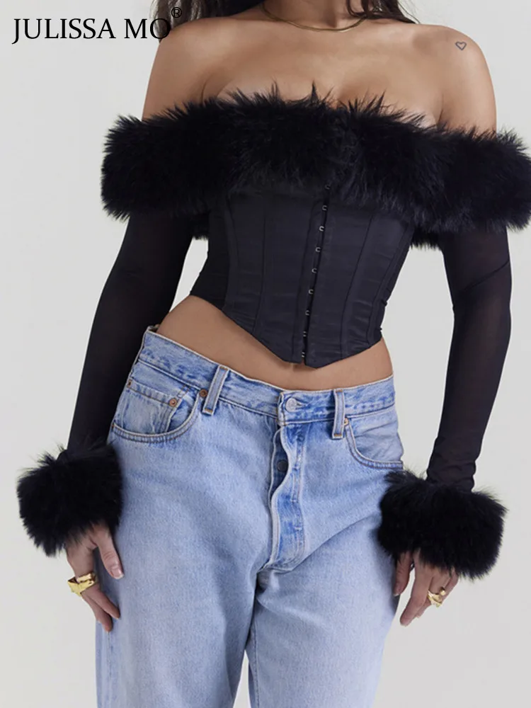 

JULISSA MO Off Shoulder Feathers Long Sleeve Backless Women Crop Tops T-shirt Female Autumn Vacation Slim Fashion Bustier Top