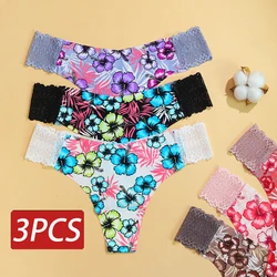 3PCS/Set Ladies Sexy Lace Thong Big Flower Briefs Low Waist Panties Seamless Ice Silk Underwear Ladies Cotton Lingerie Panties