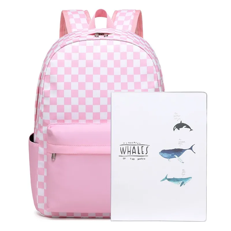 High Quality Junior Schoolbag For Girls Waterproof School Backpack Three-piece Elementary Simple Plaid Large Capacity Backpack