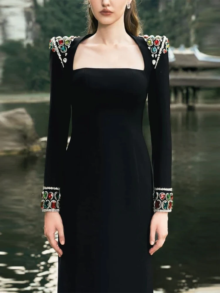 HIGH QUALITY Newest Fashion 2024 Designer Vestido Women\'s Formal Long Sleeve Colors Diamonds Rhinestone Beaded Long Maxi Dress