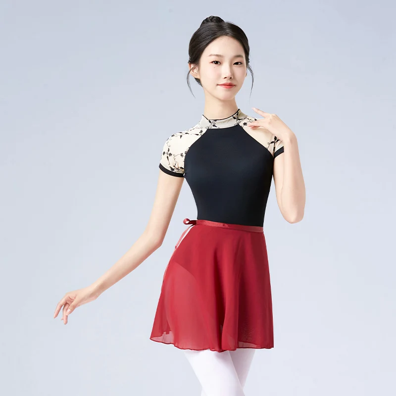 Damski trykot baletowy z krótkim rękawem z golfem body do tańca haftowane stroje baleriny czarny trykot gimnastyczny do jazdy na łyżwach