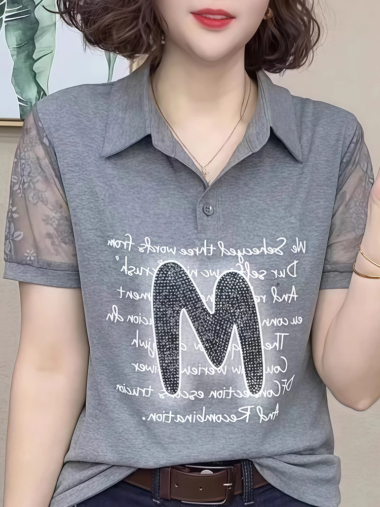 2025年夏新作 レディース カジュアル ポロカラー 半袖Tシャツ 超可愛い 若見え レタープリント トップス