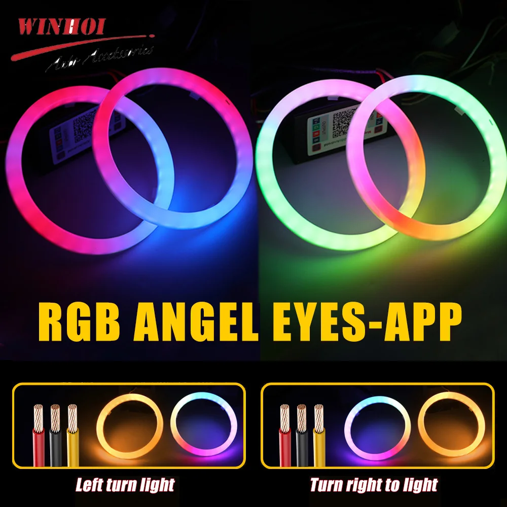 APP Control RGB LED Angel Eyes Contton Light 60mm 70mm 80mm 90mm Rgb Halo Ring DRL LED Headlights 12-24V for Motorcyle Car 4x4