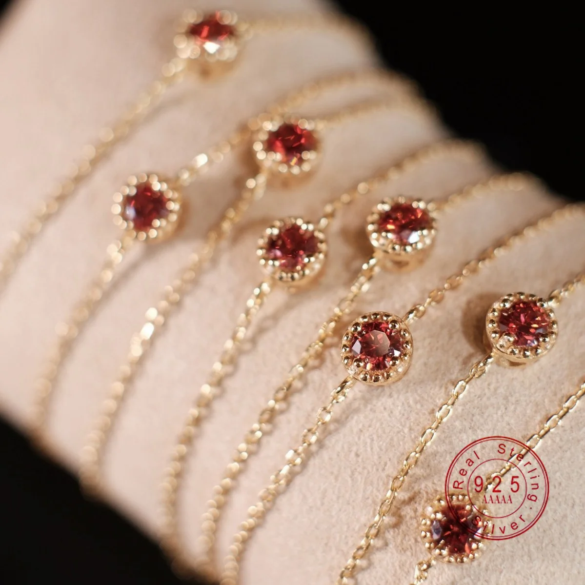 925 Sterling Silver 18K Gold Plated  Round Red Zircon Thin Delicate Chain Adjustable Stackable Wrist Jewelry for Women Gift