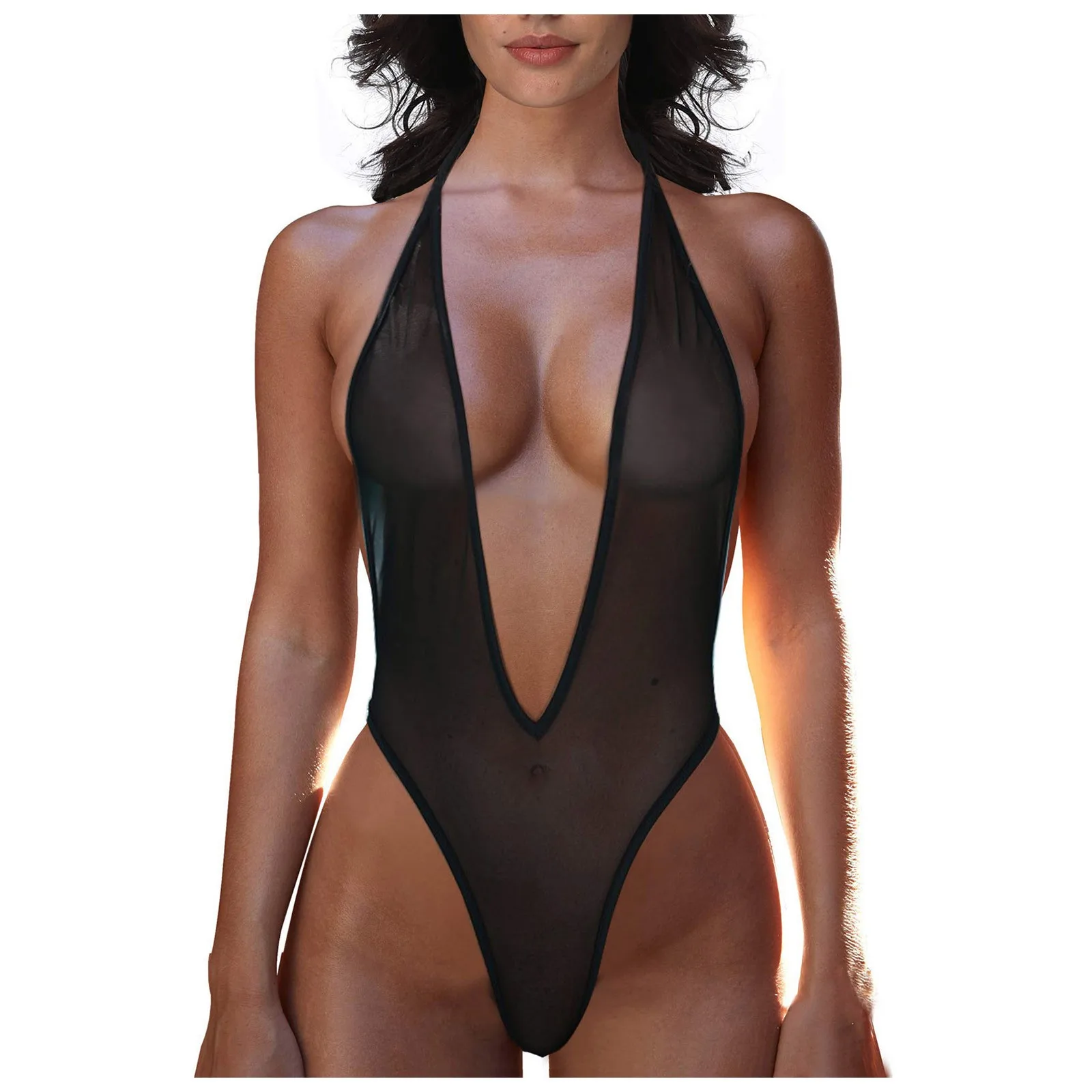 Sexy Women See Through Monokini Lingerie Backless Swimsuit Halter Deep V Neck Bodysuit Sleepwear Beachwear Sexy Nightwear