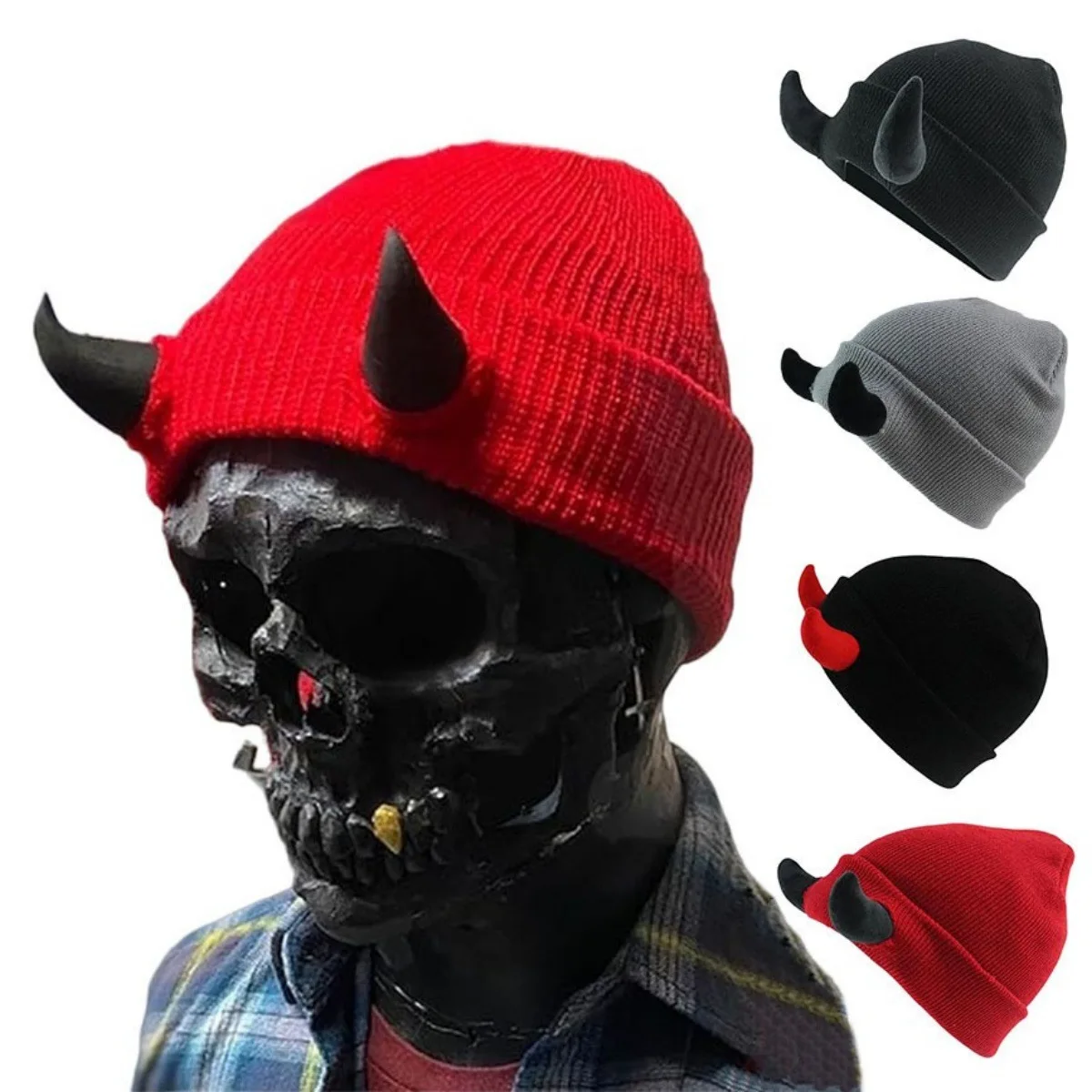 Warm Thick Knit Beanie with Devil Horns and Earflap Elastic Stretchy Windproof Unisex for Winter Outdoor