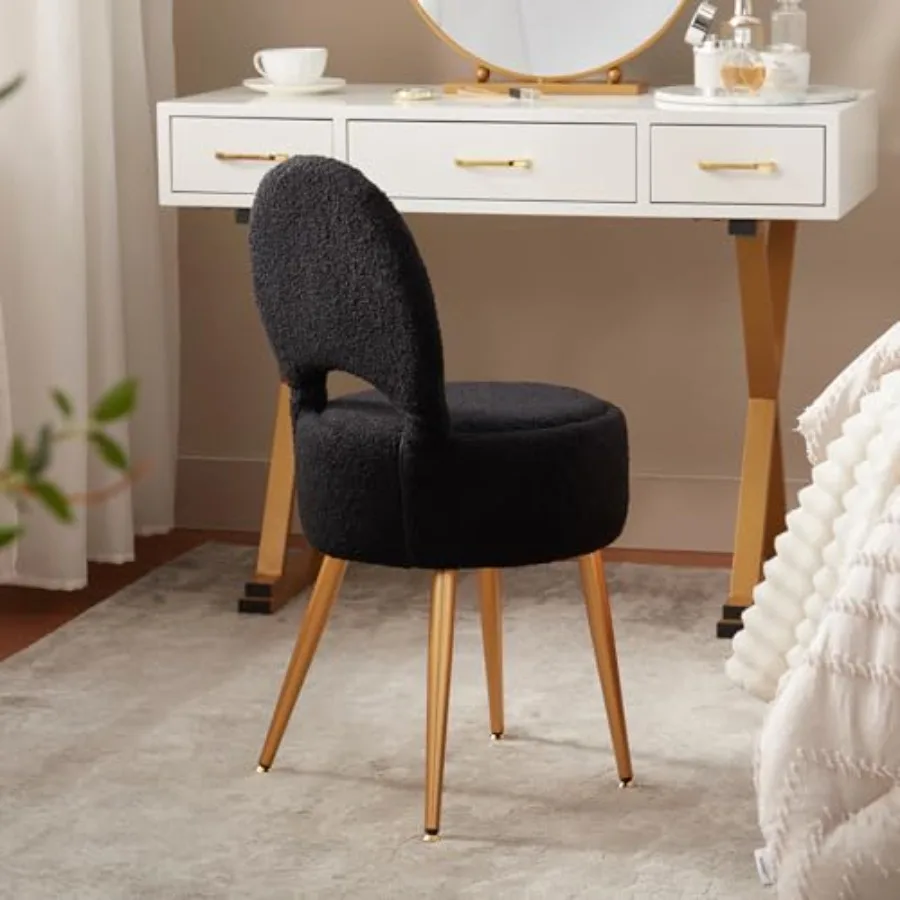 Small Vanity Stool Chair with Storage and Folding Back, 4 Metal Legs with Anti-Slip Feet, Round Ottoman with Velvet Seat, Furry