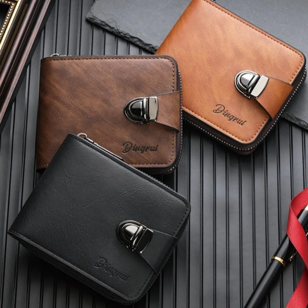 

Vintage Zipper Men's Wallet Buckle Solid Color Business Wallet Foldable Card Holder Leather Coin Purse Daily