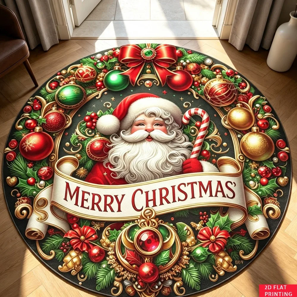 Xmas Wreath Santa Round Area Rug Ribbon Bow Circular Floor Mat Festive Holiday Indoor Accent Carpet for Cloakroom Mudroom