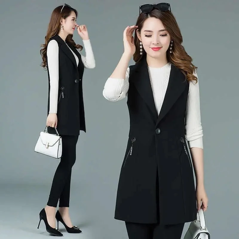 2024 Classic Women Long Blazer Vest Elegant Office Lady Coat Female Waistcoat Casual Suits Sleeveless Jacket Pocket Outwear