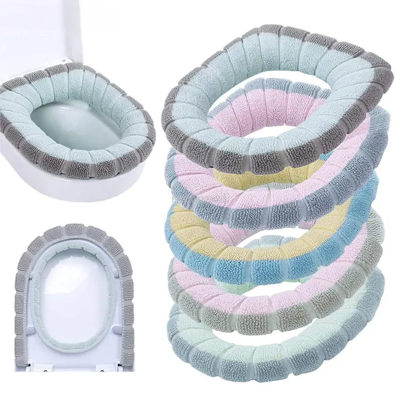 Winter Warm Toilet Seat Cover Washable Bathroom Toilet Pad Cushion With Handle Thicker Soft Mat Knitting Warmer Closestool Mat