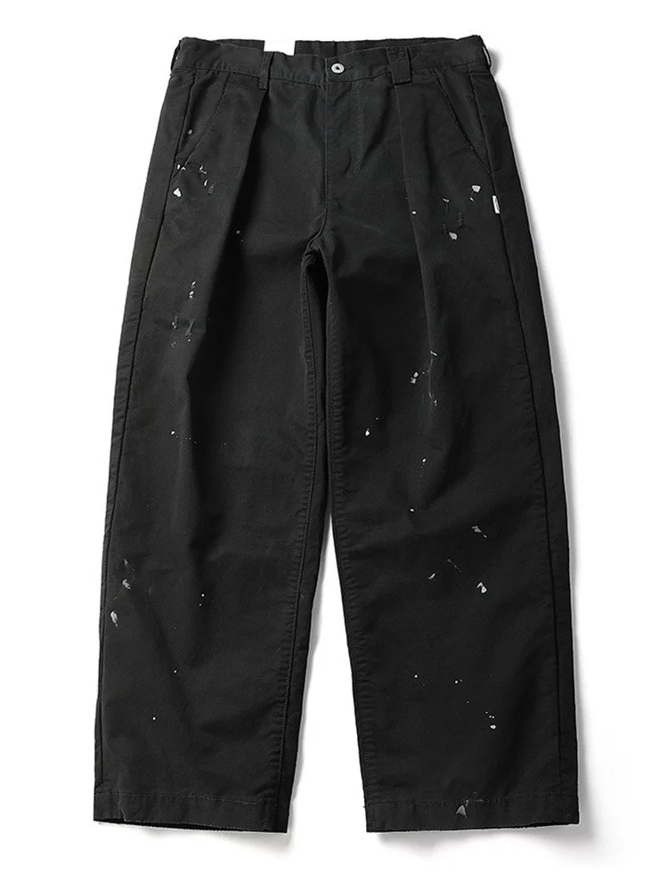 

Retro Japanese Sle Men's Casual Wide Leg Pants Double Pleat Loose Fit No Stretch mid Waist Workwear Long Trousers
