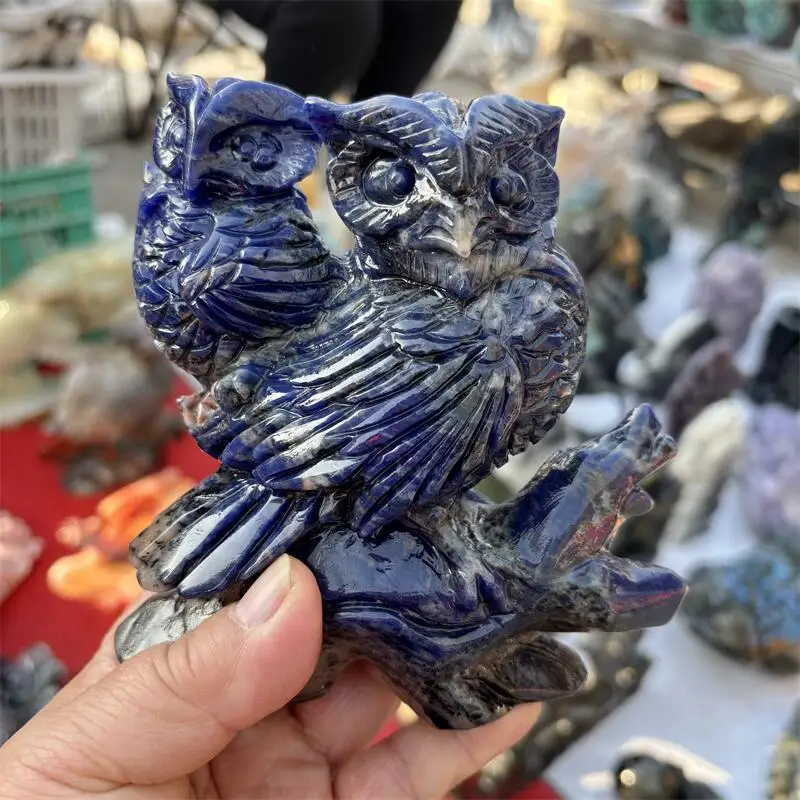 Natural Blue Sodalite Owl Carving Healing Reiki Figurine Crystal Carving Statue Crafts Home Decorat Gift 1PCS