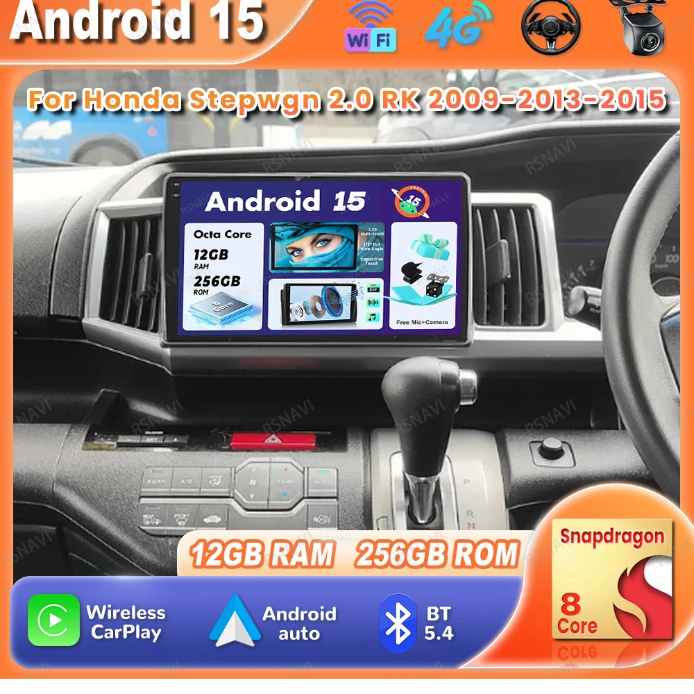 Car Radio Android 15 For Honda Stepwgn 2.0 RK 2009-2013-2015 Wireless Carplay Auto Navigation Qualcomm 5G WIFI Viedo Player DSP