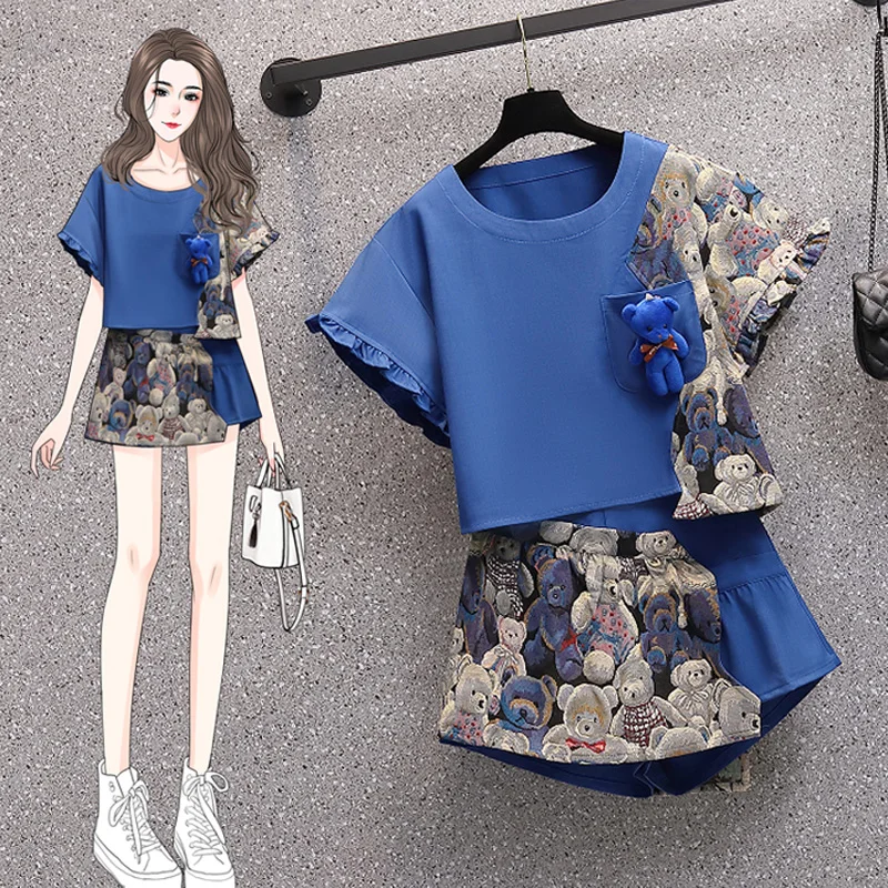 

Plus Size 4XL Summer Casual Two Piece Set For Women Cute Bear Short Sleeve Tops And Shorts Polyester Slim Blue Outwear Clothes