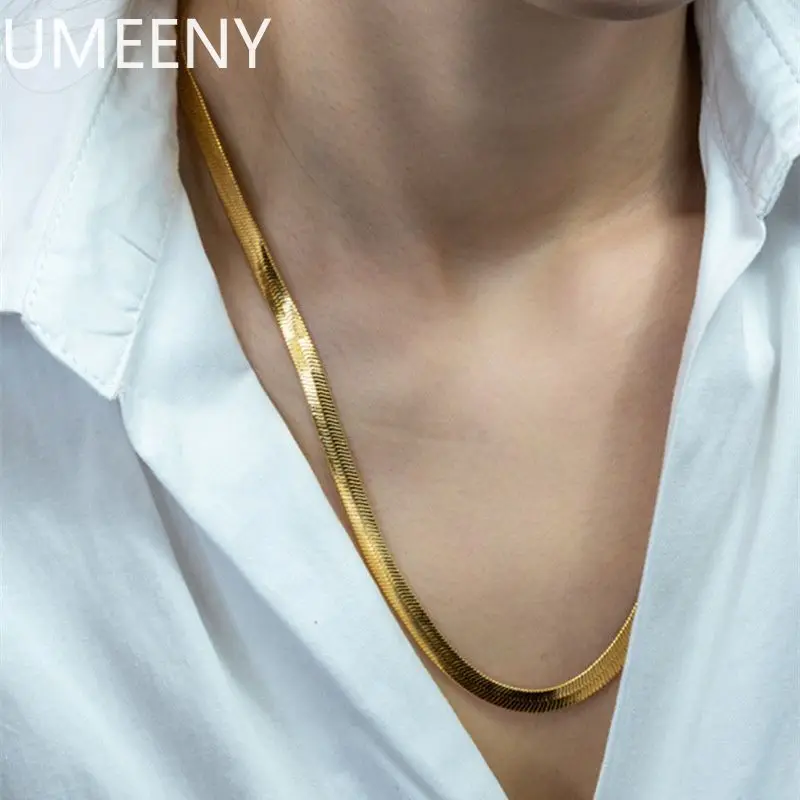 925 Perak Murni 18K Lapis Emas 4MM Kalung Rantai Datar untuk Wanita Perhiasan Mewah Rantai Tulang Selangka Choker Hadiah Pernikahan