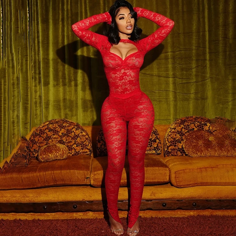 

Coquette Hollow Women 2 Piece Set Solid Concise Full Sleeve Cleavage Slim Bodysuits+Matching Pants Sheer Nighout Outfits 2025