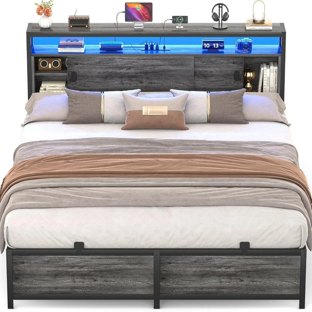 Queen Size Bed Frame - Storage Headboard Bed with Sliding Doors, LED Lights & USB Charging Station, Metal Platform Bed Frame