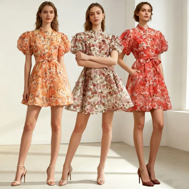 Nouveau Street Sle taille haute ort soie Tfeta Dr avec nœud papillon fleur perceuse conception t-shirt couleur décontracté femmes Dr