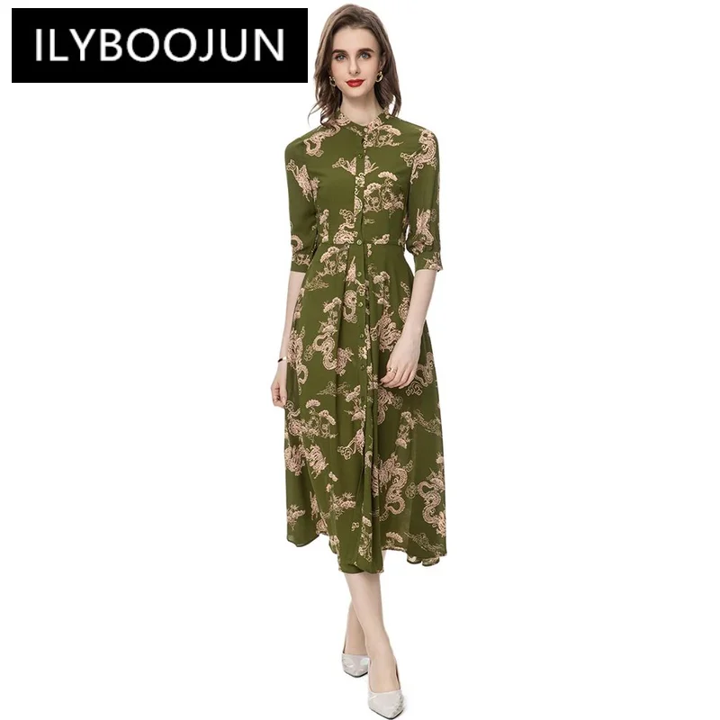 

ILYBOOJUN Fashion Designer Spring Dress Women Half sleeve Single-breasted Sashes Green Print Vintage Party Midi Dress