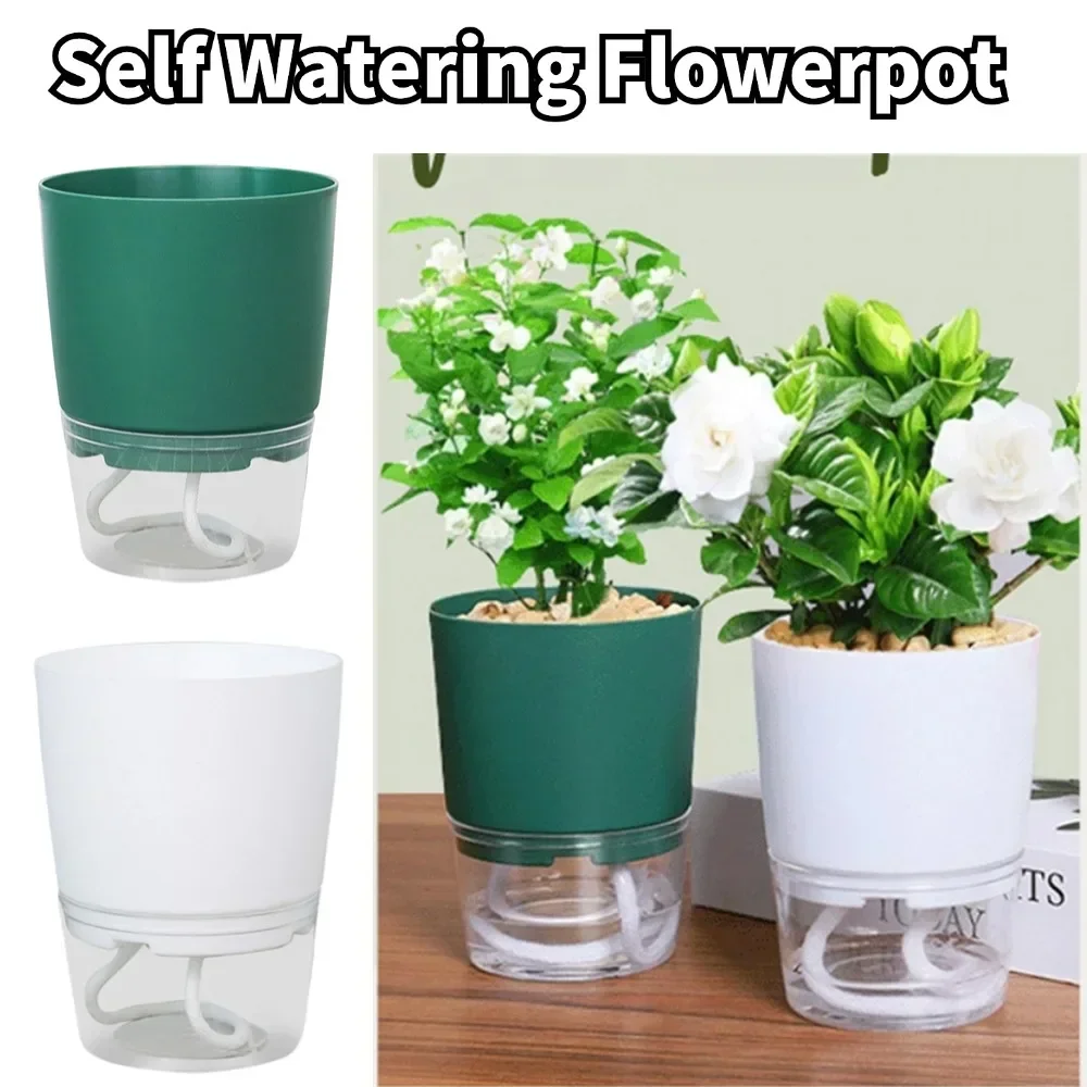 Transparent Double Layer Plastic Flower Pot Self Watering Flowerpot Cotton Rope Watering Small Plant Pot With Injection Port