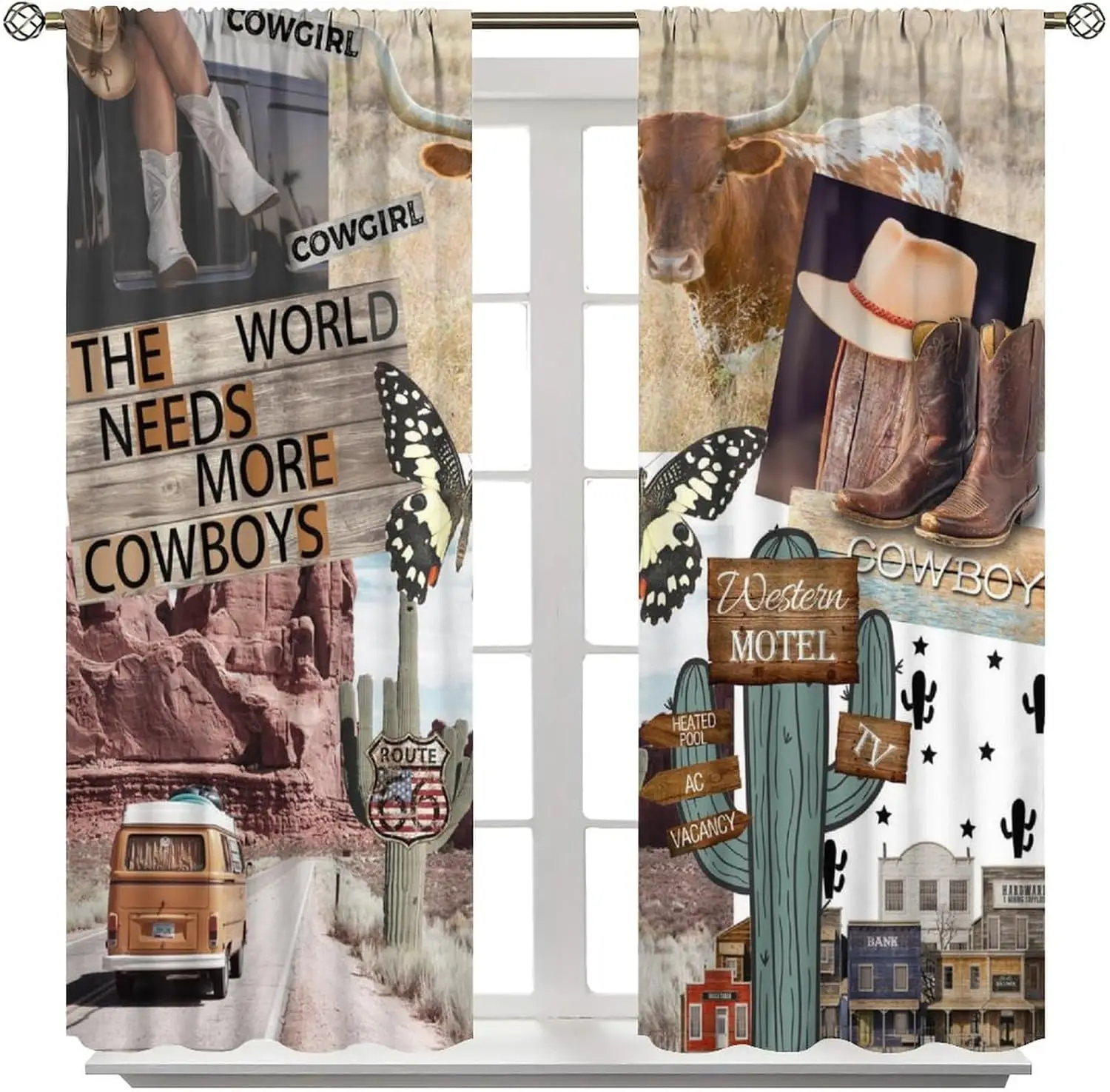 Western Curtains Boys Funny Rustic Farmhouse Cow Butterfly West Desert Cactus Cowboys Cowgirl Aztec Window Treatment for Kids