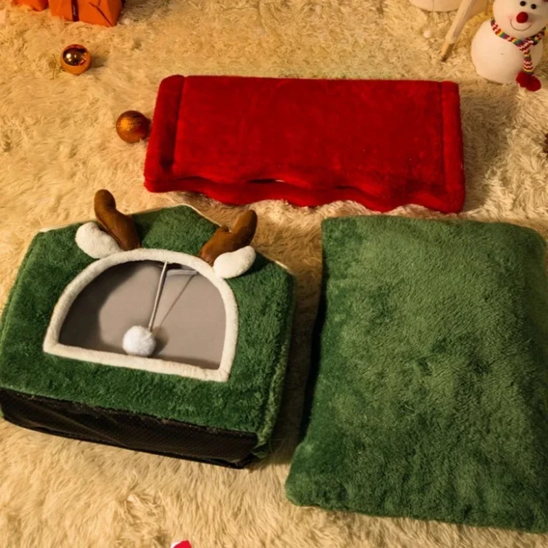 2024 Foldable Winter Christmas Pet House Detachable Thickened Closed Cat House Cats Bed Tent Four Seasons Universal Cat/Dog Nest