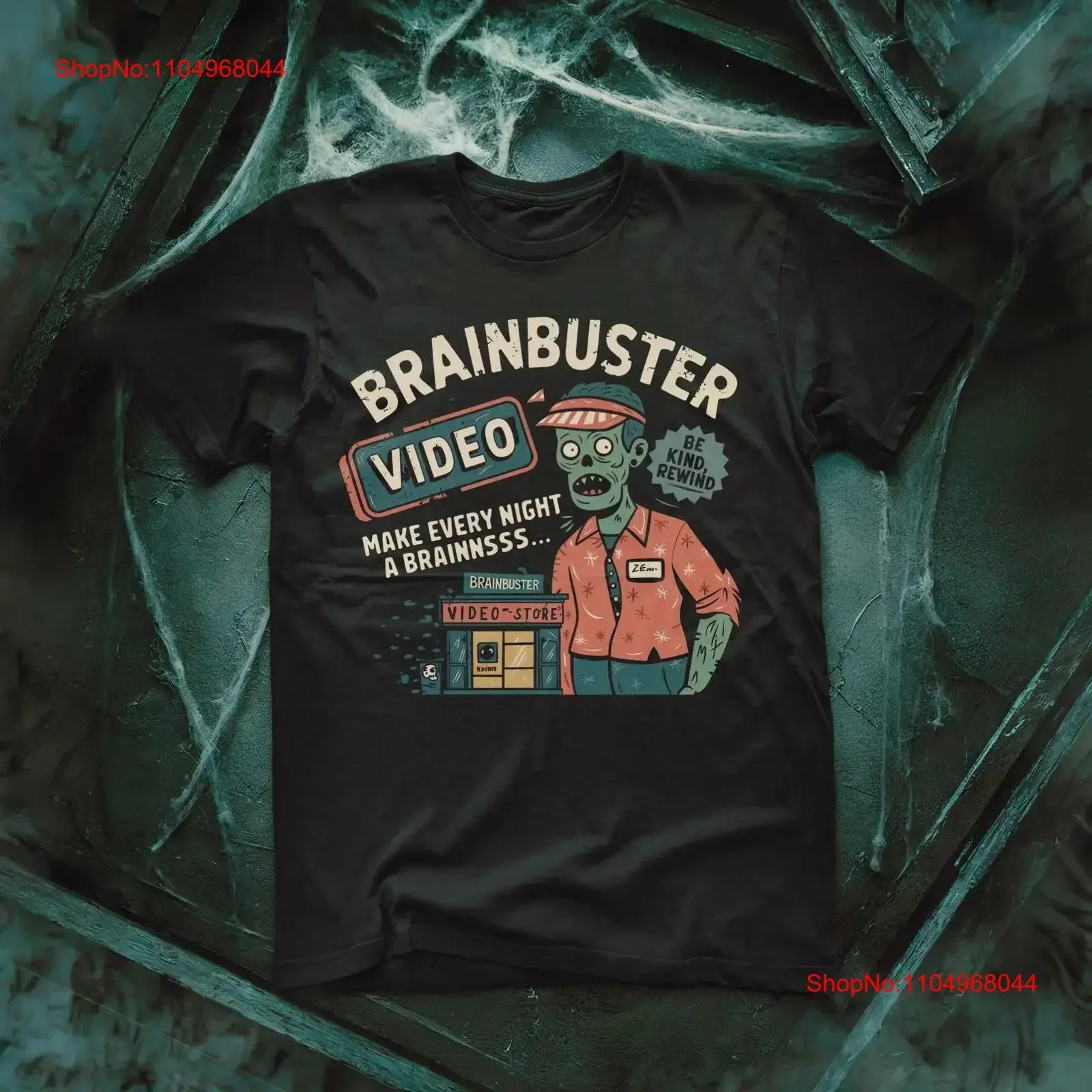 Camiseta de vídeo Brainbuster, historia inspirada en Blockbuster, vhs, fanático de terror de halloween, combina muertos, espeluznante, retro, vintage de los años 90, lavado
